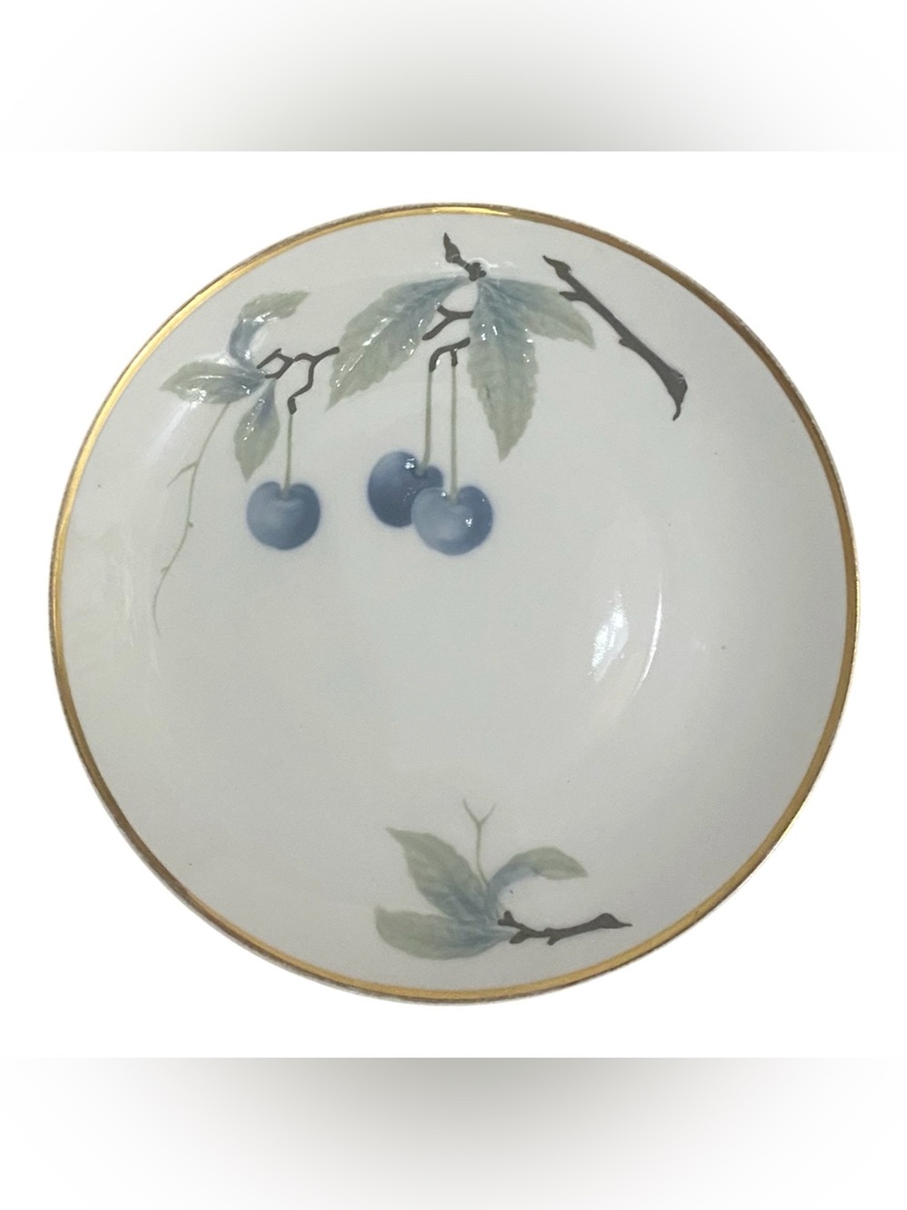 Rosenthal White 8” Salad Plate with Blue Cherry Motif Gold Rim Bavaria